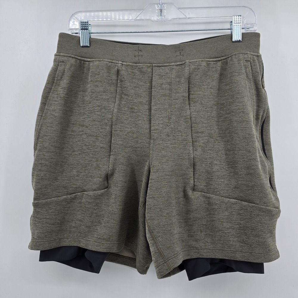 Lululemon Men's License To Train Shorts Size L Heathered Dark Olive, Lined 7"